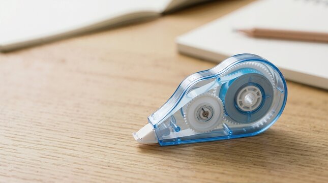 Plastic correction tape dispenser with internal gear mechanism on desk. School and office stationery supply for editing documents