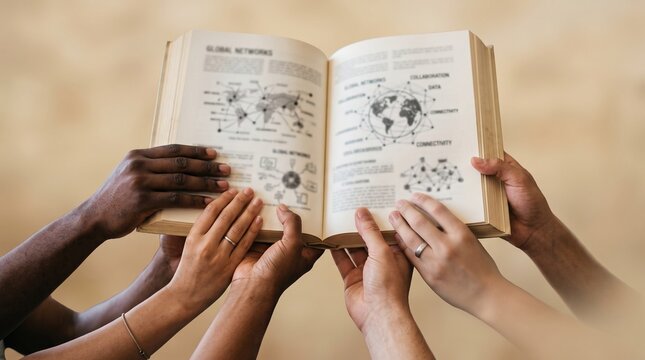 Diverse hands holding an open book with global networks and maps inside for International Students Day, diversity, and global education concept