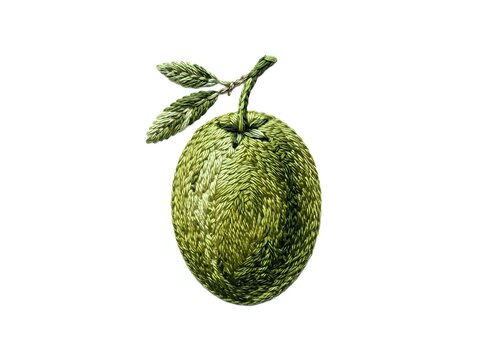 Whole green soursop fruit with textured bumpy skin and stem with leaves isolated on white background