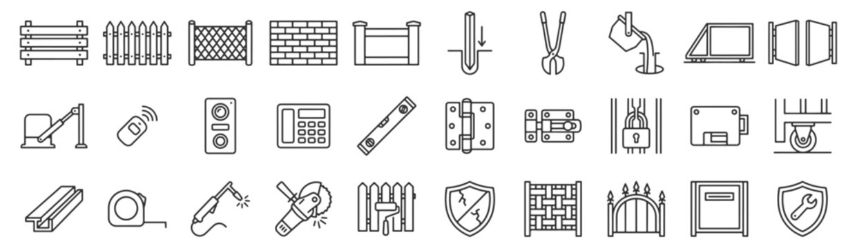 Fence and gate installation line icon set. Picket, chainlink, brickwork, posts, hinges, locks, welding, grinder thin linear vector illustration. Simple outline signs for perimeter construction.