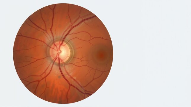Ophthalmic fundus scan showing retinal blood vessels and optic disc. Medical examination of human retina for eye health diagnostic