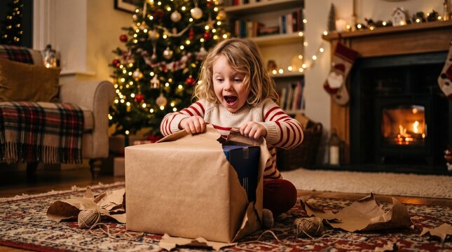 Child's Christmas Morning Surprise: A young child's face lights up with pure astonishment and delight as they eagerly unwrap a large Christmas present on a cozy living room floor.
