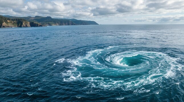 Large whirlpool swirling counterclockwise in deep ocean water near coastline. Natural water eddy and ocean vortex under cloudy sky