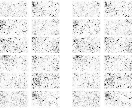 Grungy ink splatter texture collection featuring dark distressed spots on transparent background for vintage aesthetic design and artistic overlay grunge effects.