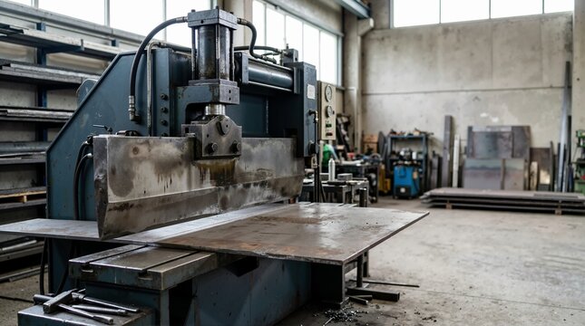 Industrial hydraulic metal shear machine with heavy steel blade in a workshop. Guillotine metal cutting machinery with sheet metal on work table