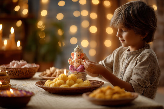 Child devotion during Ganesh Chaturthi offering modak to Ganesha.
