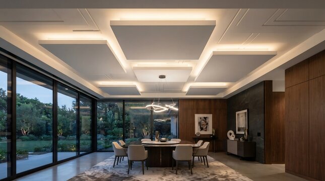 Modern dining room with elegant lighting and large windows