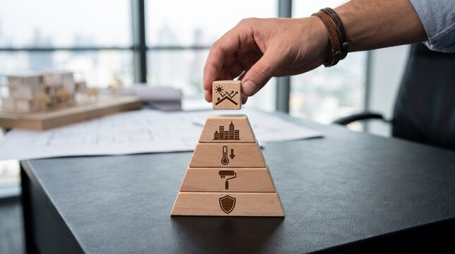 Businessman hand placing wooden blocks to build a layered hierarchy pyramid with engraved icons representing architecture, insulation, heat control, protective coating and solar panel energy