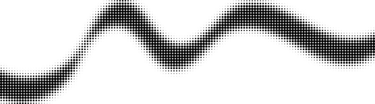 Monochrome halftone dotted illustration, abstract dynamic wave, ribbon pattern. Curved line with halftone effect, flud design. Vector minimalist background. Overlay template. Vector
