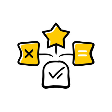 Decision-making icon with star, checkmark, cross, and equal signs.