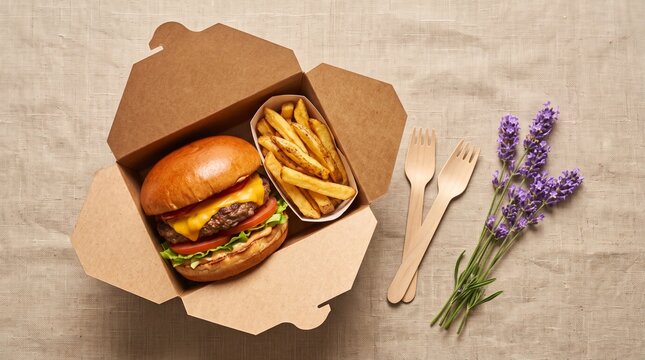 Tasty cheeseburger served with crispy fries in sustainable packaging
