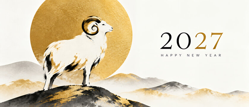 金の日輪と山並みを背景に羊を描いた2027年の和モダンな新年背景