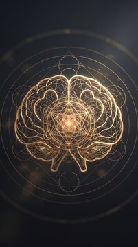 Translucent human brain with golden sacred geometry lines.