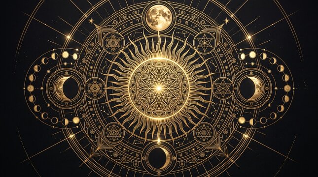 Esoteric mandala featuring the sun, the moon, and Sacred Geometry in gold.
