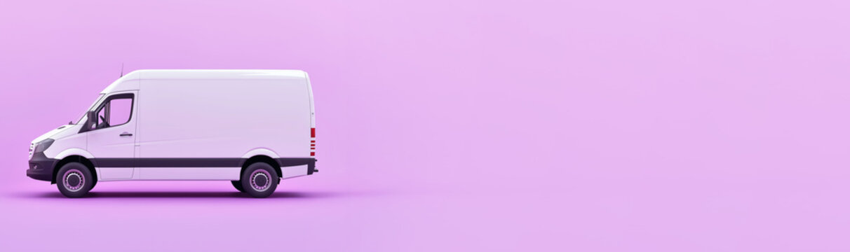 White delivery van, profile view on pink background, wide banner with copy space on side. Generative AI