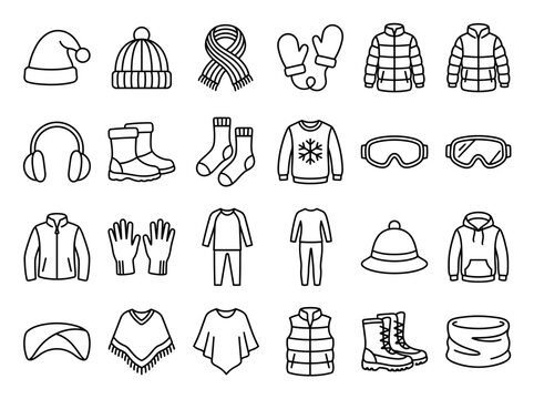 Winter Apparel Icons: A collection of clean, outline-style icons depicting various winter clothing and accessories, ideal for representing cold-weather gear and seasonal themes.