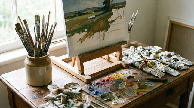 Artist desk with painting supplies, featuring a canvas on an easel, paint tubes, brushes in a jar, and a color palette on a wooden table in a well-lit room, creating an inspiring creative workspace