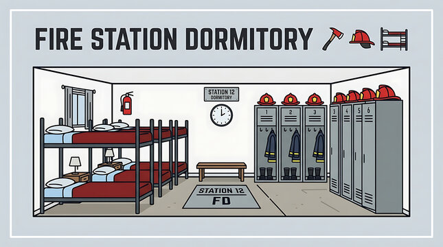 Fire station dormitory featuring bunk beds and lockers for firefighters in a vector illustration style