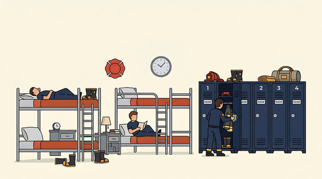 Firefighters relaxing in their station bunkroom with lockers