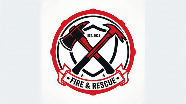 Graphic emblem of crossed firefighting tools with a shield and red banner on a white background