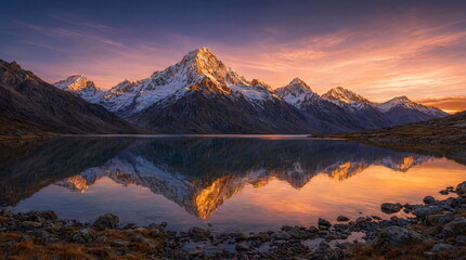 Fototapeta premium Mountain peak of the tibetan snow-capped mountains, a beautiful panorama of the mountains at sunset of the day
