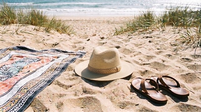 Beach towel with colorful patterns, straw hat, and flip-flops on sandy beach, with ocean waves and grass in the background, ideal for summer relaxation and vacation imagery