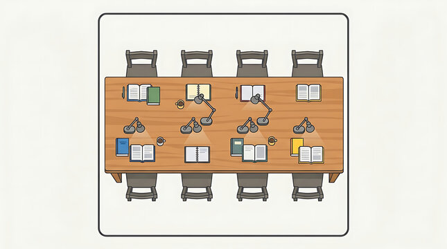 Study table with books and desk lamps from an overhead perspective