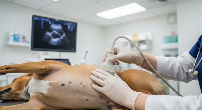 Ultrasound examination of a dog being performed by a veterinarian in a medical facility. Dog lying on an exam table during an ultrasound process, emphasizing veterinary attention.