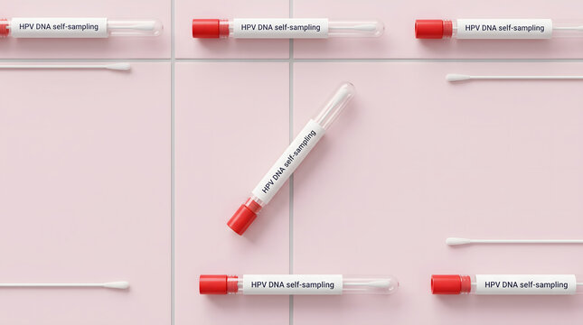 Pattern of HPV DNA self-sampling test tubes and swabs on pastel pink tiled background, medical flat lay