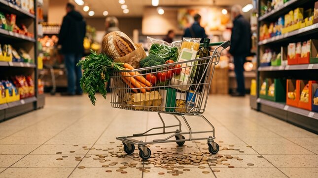 Shopping cart filled with essential household items in a supermarket aisle with coins scattered on the floor. Concept of European inflation, rising interest rates and household financial pressure