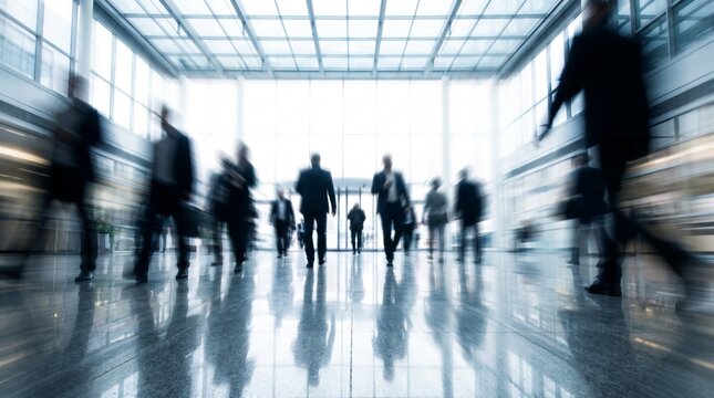 Blurred business professionals walking through a modern corporate lobby featuring polished stone flooring and bright architectural lighting captured with a long exposure motion blur camera effect
