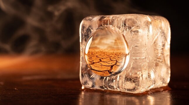 Melting ice cube with a droplet reflecting a dry cracked earth surface, illuminated by warm light, for environmental challenges and climate awareness concepts