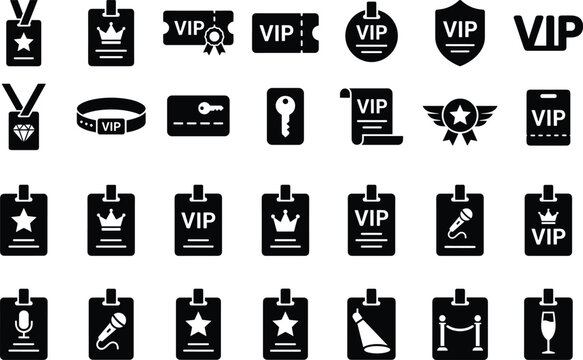 VIP Pass and Event Badge 28 Solid Icons Set, Premium Access, Guest Badges, Award Medals, Concert, Theater and Exclusive Event Symbols