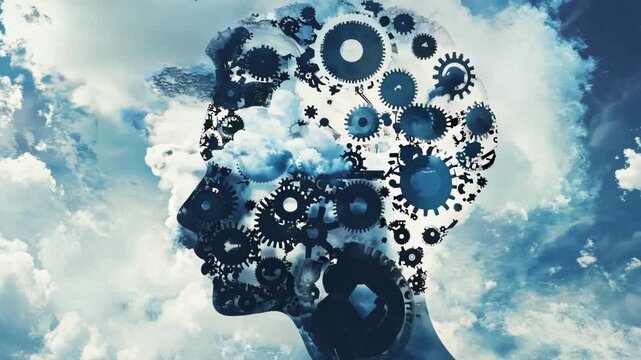 Human head silhouette filled with mechanical gears against a bright cloudy sky, thinking process concept, mental work idea, creative mind engineering.