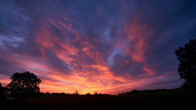 A vibrant sunrise paints the sky with fiery reds and deep purples above a silhouetted field and trees