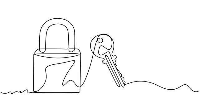 continuous line animation of lock and key. Safety lock with key, Animated self drawing of continuous line draw lock key, isometric image. Key, lock. Safety lock with key icon image. Success, solution.