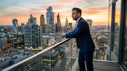Fototapeta na wymiar Professional businessman standing on a balcony overlooking city skyline at sunset