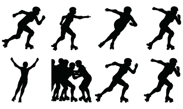 Roller derby silhouettes female quad skater jammer sprint blocker pack wall bout collision and victory celebration