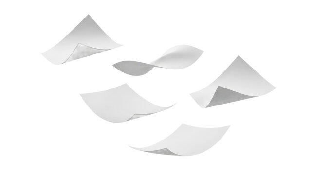 Flying blank white paper sheets in motion mockup isolated on white background