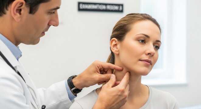 Doctor checking lymph nodes in medical examination with patient in clinic. Physician examines lymph nodes in neck region during consultation. Concept of medical care and health checkup.