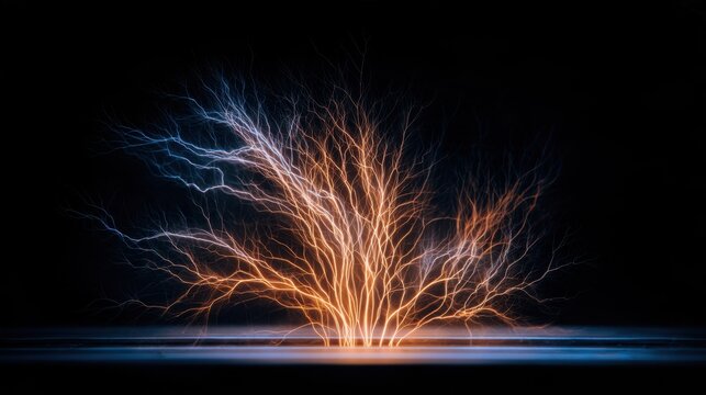 A striking display of electric-like branches bursting from a ground surface against a dark backdrop