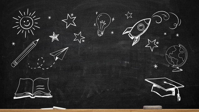 Chalkboard background with hand drawn school doodles, black blackboard with education icons, creative learning concept