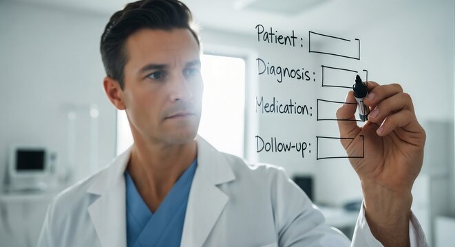 Focused doctor writing patient notes on clear glass board in modern clinic. Physician doctor writing diagnosis, medication, follow up plan for effective patient care.