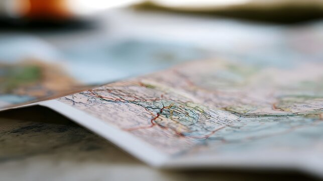 A close up view of a folded travel map with visible roads and terrain details on a textured surface