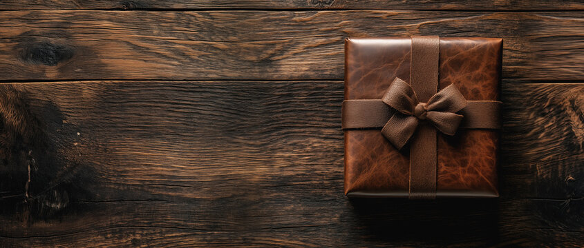 Dark brown leather wrapped gift box on a rustic wooden table, view from above. Generative AI