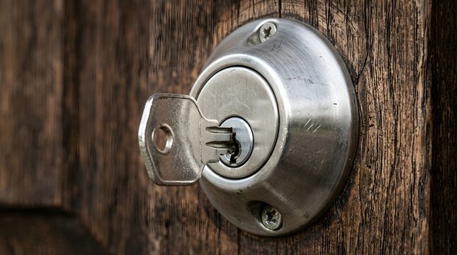 Silver metal key inserted in a door lock on a rustic wooden surface