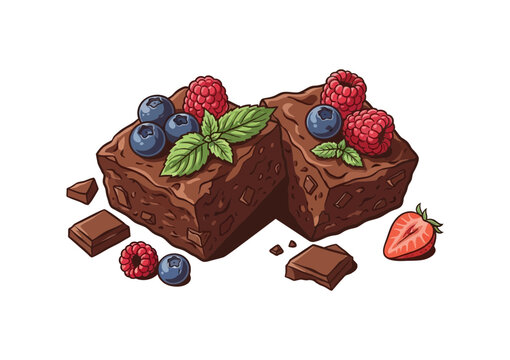 Delicious chocolate brownies topped with fresh blueberries, raspberries, mint leaves, chocolate chunks, and strawberries vector illustration isolated on white background