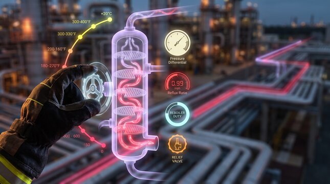 Industrial worker hand interacts with a holographic refinery distillation column interface showing live temperature data and complex pressurized piping systems