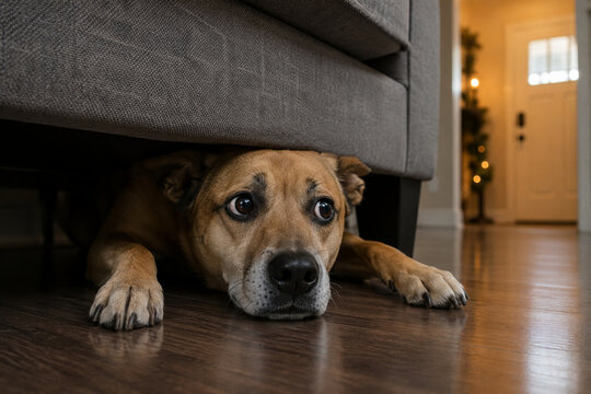 Scared dog hiding under a sofa looking out at the front door