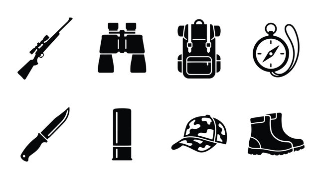 Hunting Gear Icons: Rifle, Binoculars, Backpack, Compass, Knife, Shotgun Shell, Cap, Boots